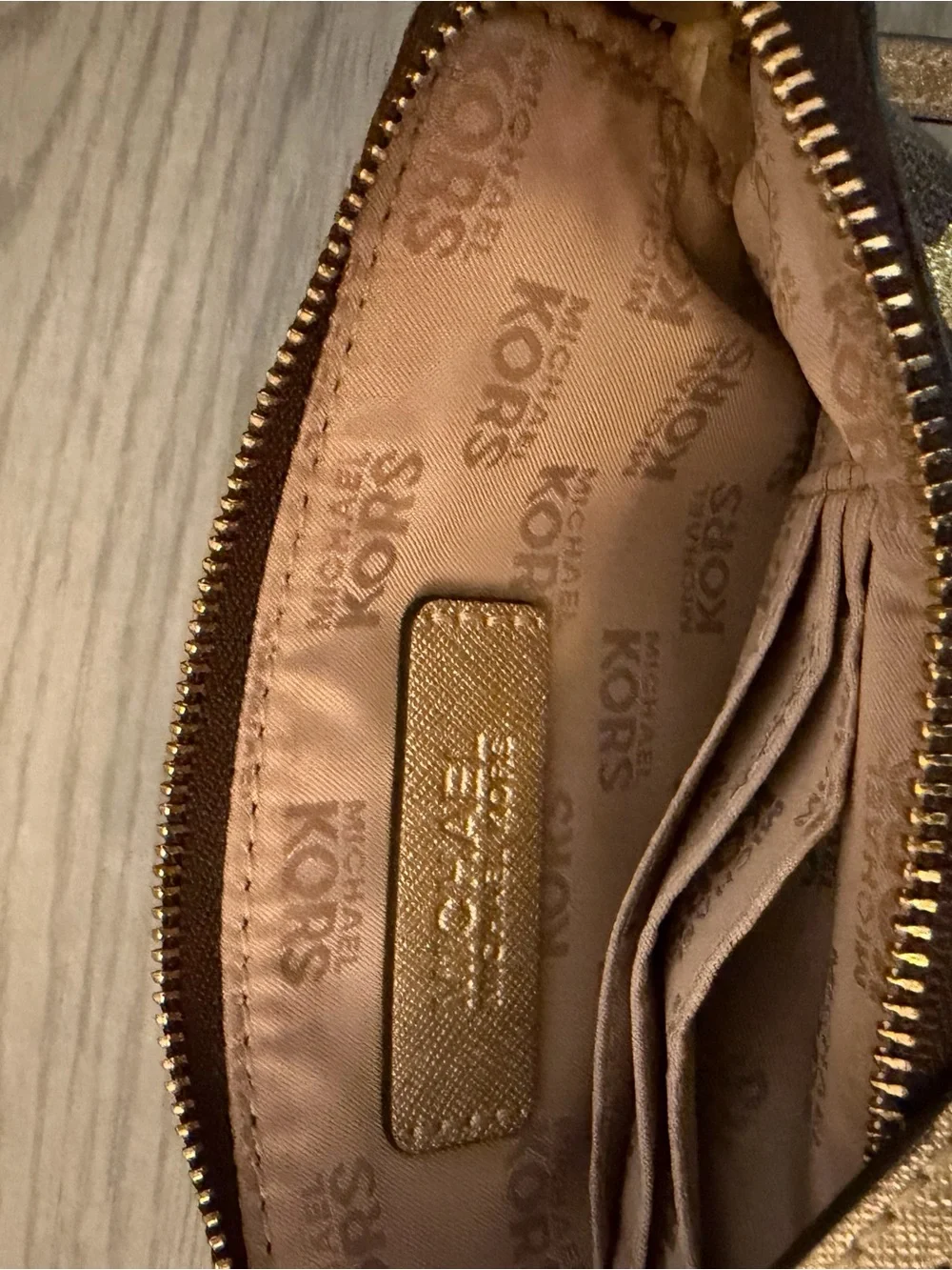 Michael Kors MK Signature Rocket Stars Wristlet Brown Gold Glitter